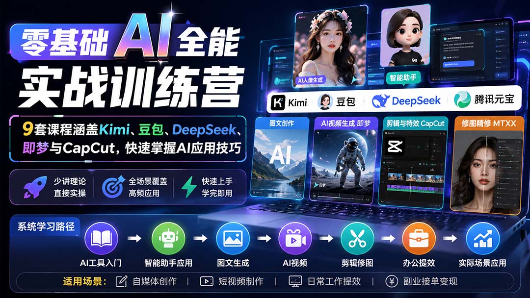 零基础AI全能实战训练营：9套课程涵盖Kimi、豆包、DeepSeek、即梦与CapCut，快速掌握AI应用技巧-巅峰研习社