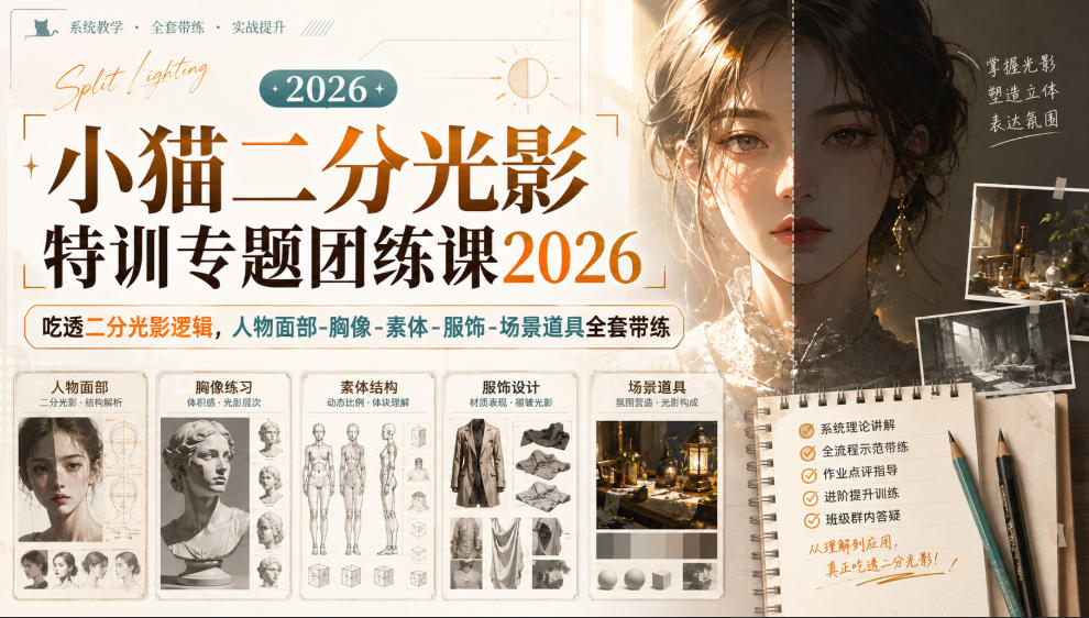 小猫二分光影特训专题团练课2026｜吃透二分光影逻辑，人物面部‑胸像‑素体‑服饰‑场景道具全套带练，高清画质附赠课件与笔刷-巅峰研习社