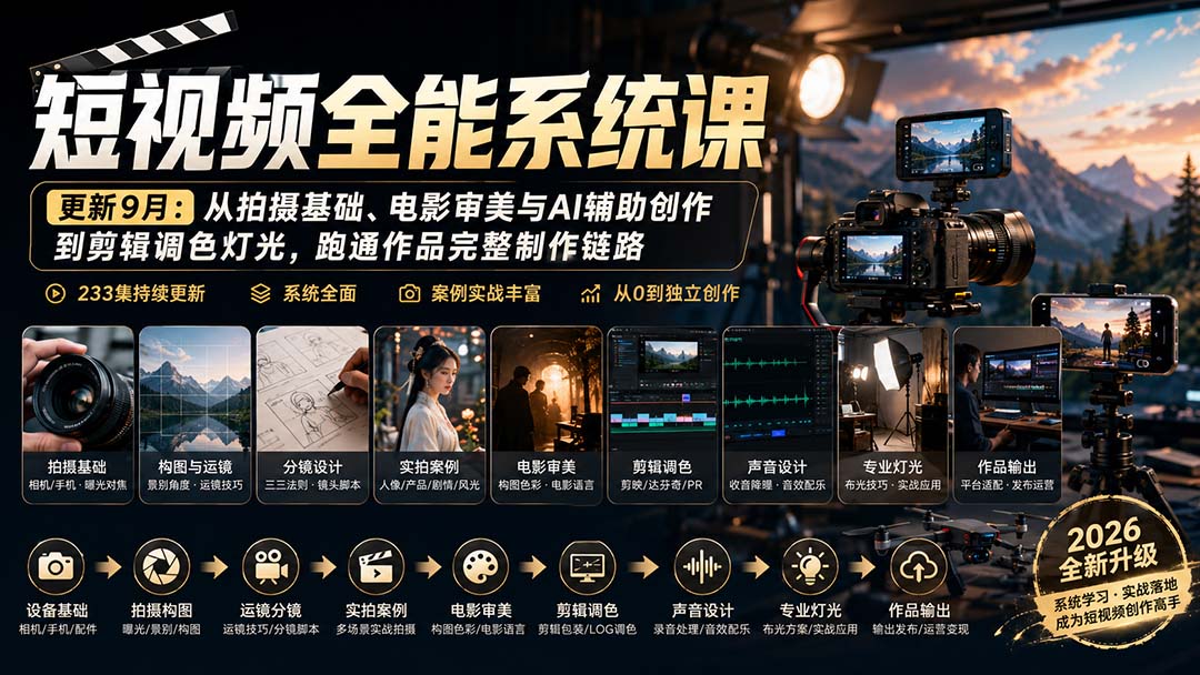 短视频全能系统课-更新8月233集：从拍摄基础、电影审美与AI辅助创作到剪辑调色灯光，跑通作品完整制作链路-巅峰研习社