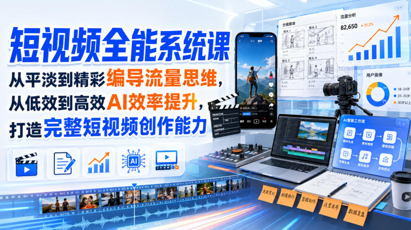 短视频全能系统课，从平淡到精彩编导流量思维，从低效到高效AI效率提升，打造完整短视频创作能力(2026年8月30更新233集)-巅峰研习社