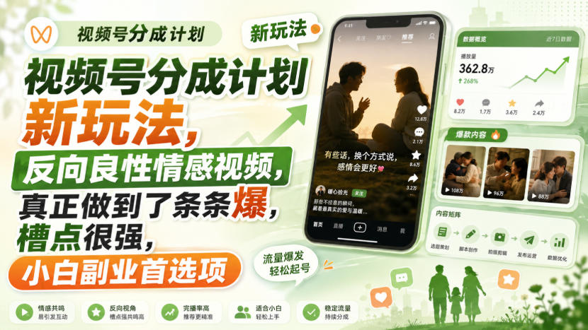 视频号分成计划新玩法，反向良性情感视频，真正做到了条条爆，槽点很强，小白副业首选项-巅峰研习社