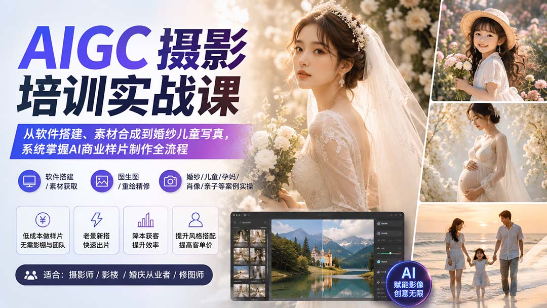 AIGC摄影培训实战课：从软件搭建、素材合成到婚纱儿童写真，系统掌握AI商业样片制作全流程-巅峰研习社