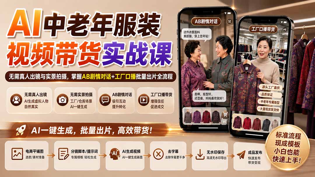 AI中老年服装视频带货实战课：无需真人出镜与实景拍摄，掌握AB剧情对话+工厂口播批量出片全流程-巅峰研习社