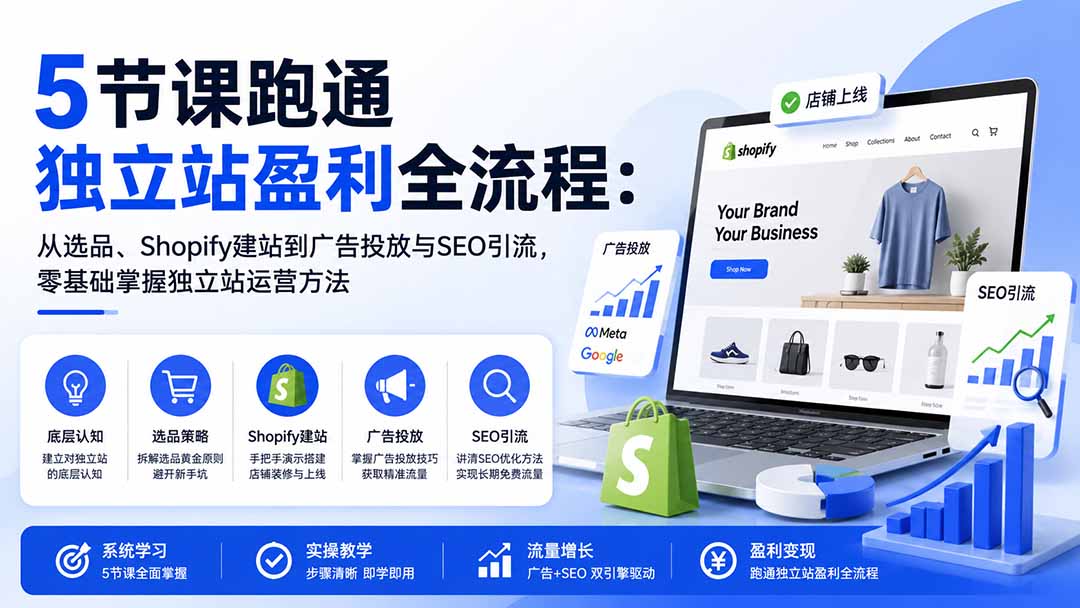图片[1]-5节课跑通独立站盈利全流程：从选品、Shopify建站到广告投放与SEO引流，零基础掌握独立站运营方法-巅峰研习社