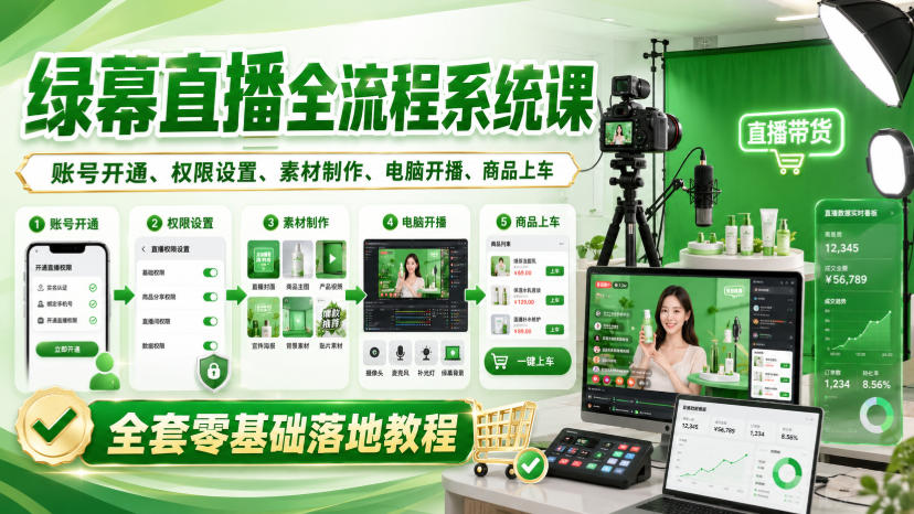 绿幕直播全流程系统课,账号开通、权限设置、素材制作、电脑开播、商品上车全套零基础落地教程