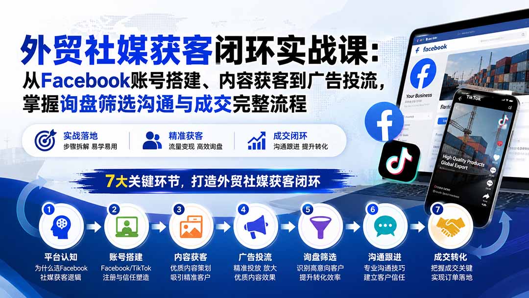 外贸社媒获客闭环实战课：从Facebook账号搭建、内容获客到广告投流，掌握询盘筛选沟通与成交完整流程-巅峰研习社