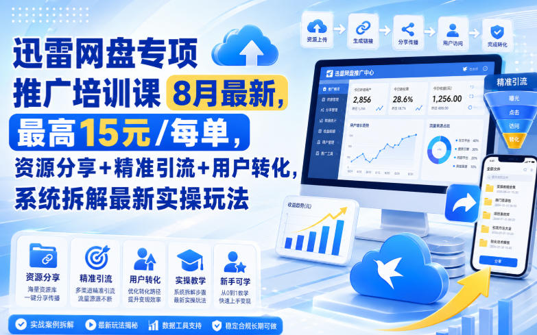 迅雷网盘专项推广培训课8月最新，最高15米/每单，资源分享+精准引流+用户转化，系统拆解最新实操玩法(更新0903)-巅峰研习社