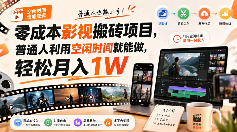 零门槛影视搬砖项目，月入万元，玩法稳定普通人可落地的长期副业！-巅峰研习社