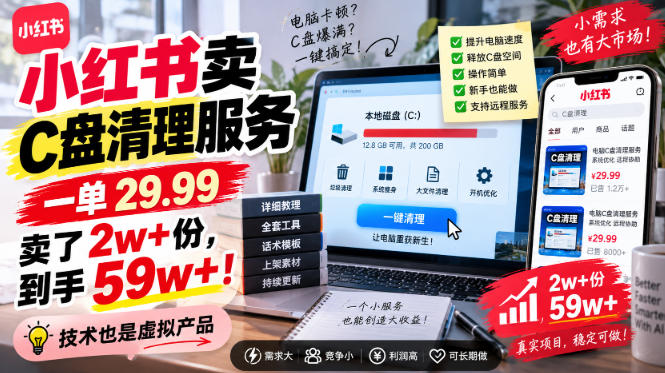 小红书卖C盘清理服务,一单29.99,卖了2w+份,技术也是虚拟产品-巅峰研习社
