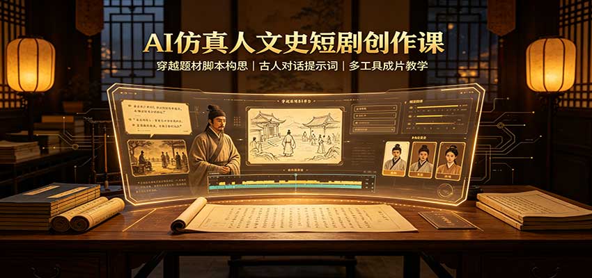AI仿真人文史短剧创作课：穿越题材脚本构思，古人对话提示词，多工具成片教学-巅峰研习社