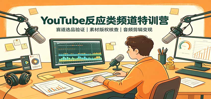 YouTube反应类频道特训营：赛道选品验证，素材版权核查，音频剪辑变现-巅峰研习社