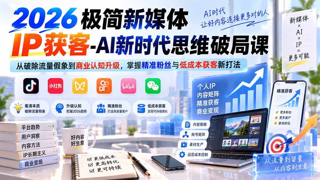 2026极简新媒体IP获客-AI新时代思维破局课：从破除流量假象到商业认知升级，掌握精准粉丝与低成本获客新打法-巅峰研习社