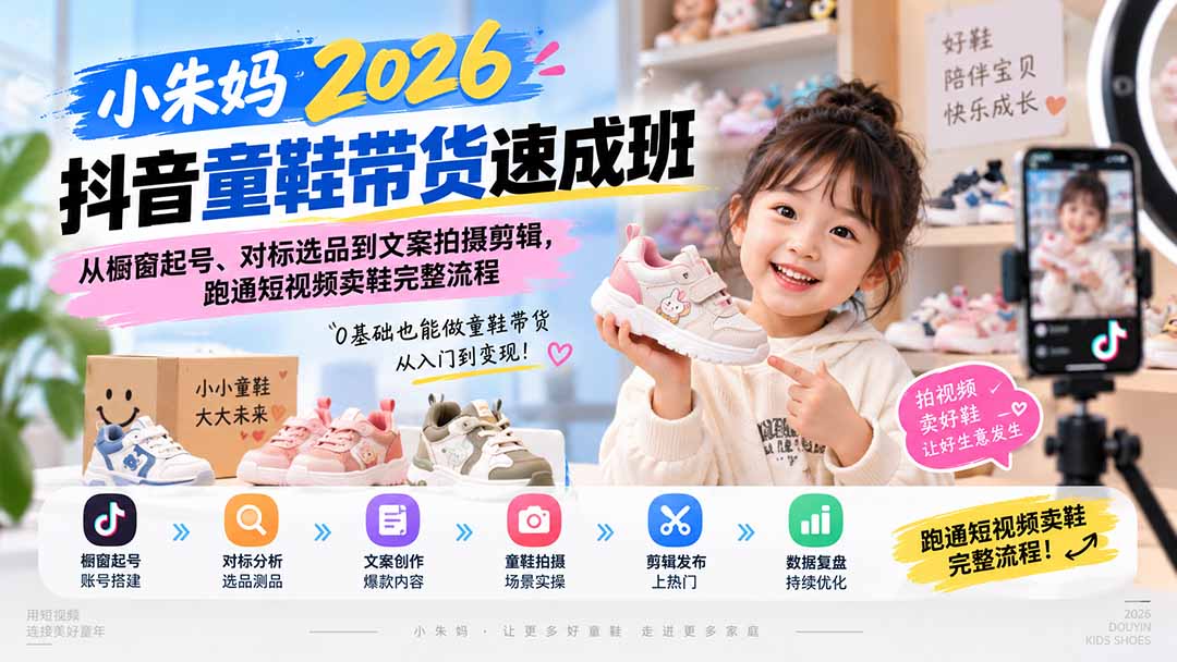 小朱妈2026抖音童鞋带货速成班：从橱窗起号、对标选品到文案拍摄剪辑，跑通短视频卖鞋完整流程-巅峰研习社