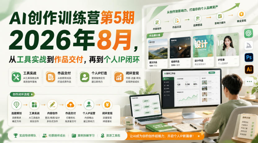 AI创作训练营第5期2026年8月，从工具实战到作品交付，再到个人IP闭环(更新0904)-巅峰研习社