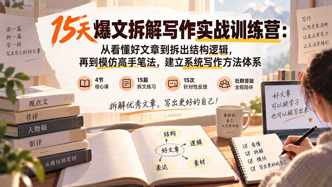 15天爆文拆解写作实战训练营：从看懂好文章到拆出结构逻辑，再到模仿高手笔法，建立系统写作方法体系-巅峰研习社
