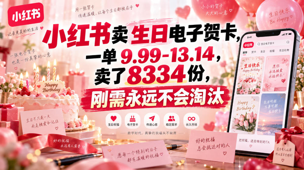小红书卖生日电子贺卡，一单9.99-13.14，卖了8334份，刚需永远不会淘汰-巅峰研习社