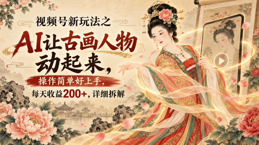 视频号新玩法之AI让古画人物动起来，操作简单好上手，每天收益200+，详细拆解-巅峰研习社