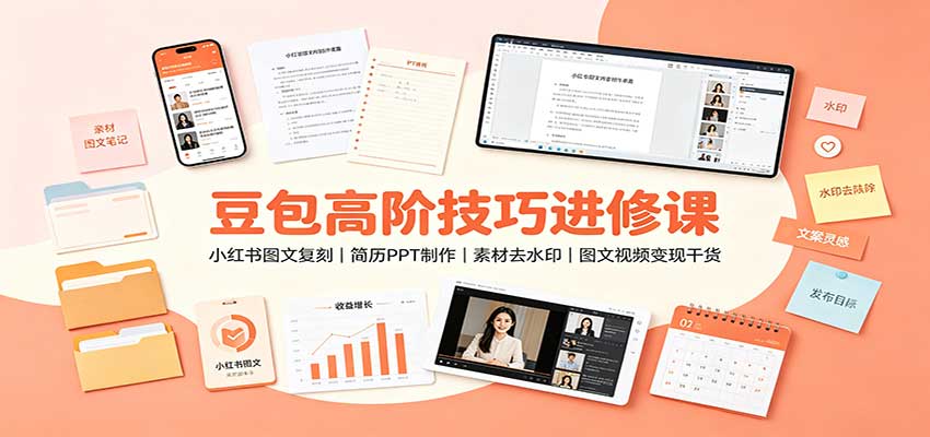 豆包高阶技巧进修课：小红书图文复刻，简历PPT制作，素材去水印，图文视频变现干货-巅峰研习社
