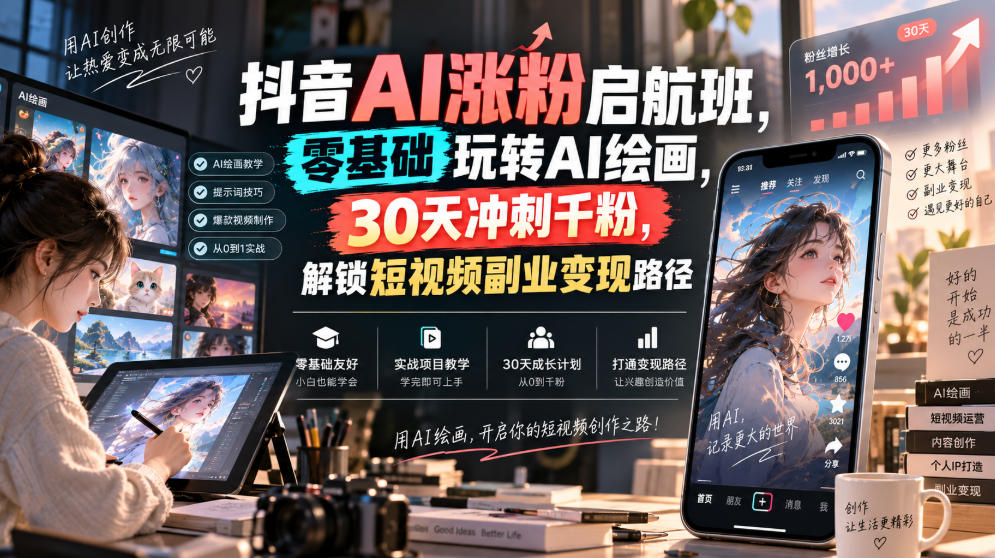 抖音AI涨粉启航班，零基础玩转AI绘画，30天冲刺千粉，解锁短视频副业变现路径-巅峰研习社