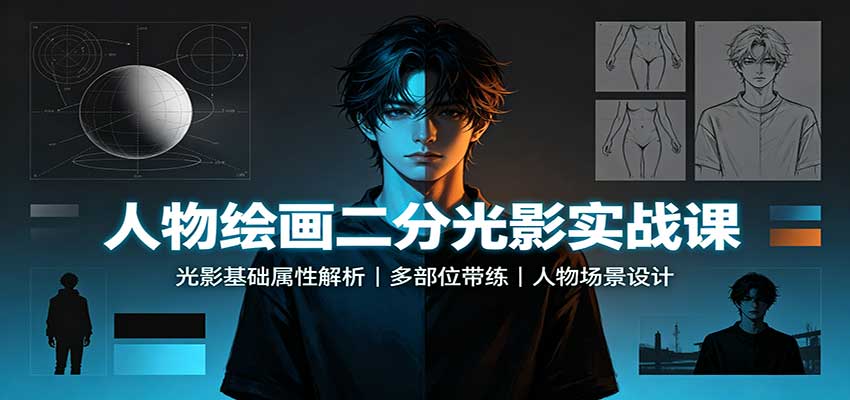 人物绘画二分光影实战课：光影基础属性解析，多部位带练，人物场景设计-巅峰研习社