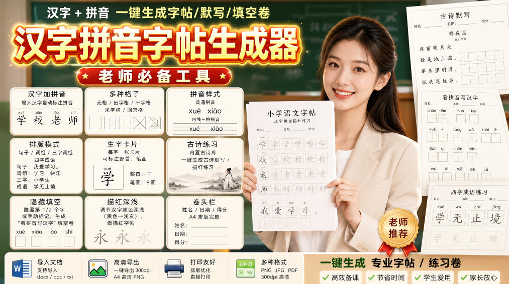 学习神器，汉字拼音字帖生成器，汉字+拼音 一键生成字帖/默写/填空卷，支持词组、成语，老师、家长必备-巅峰研习社