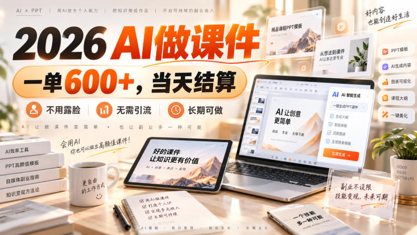 2026 AI做课件，一单600+，当天结算，不用露脸，无需引流，长期可做【揭秘】-巅峰研习社