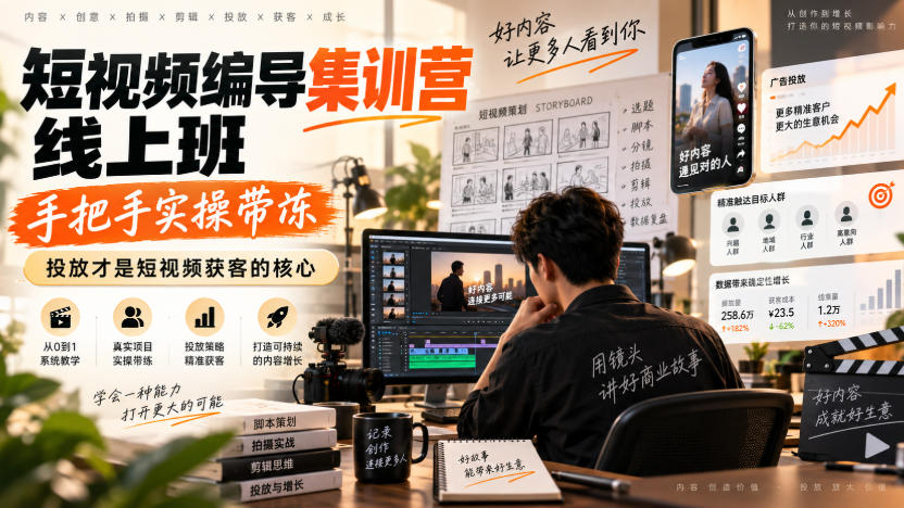 短视频编导集训营线上班，手把手实操带冻，投放才是短视频获客的核心-巅峰研习社