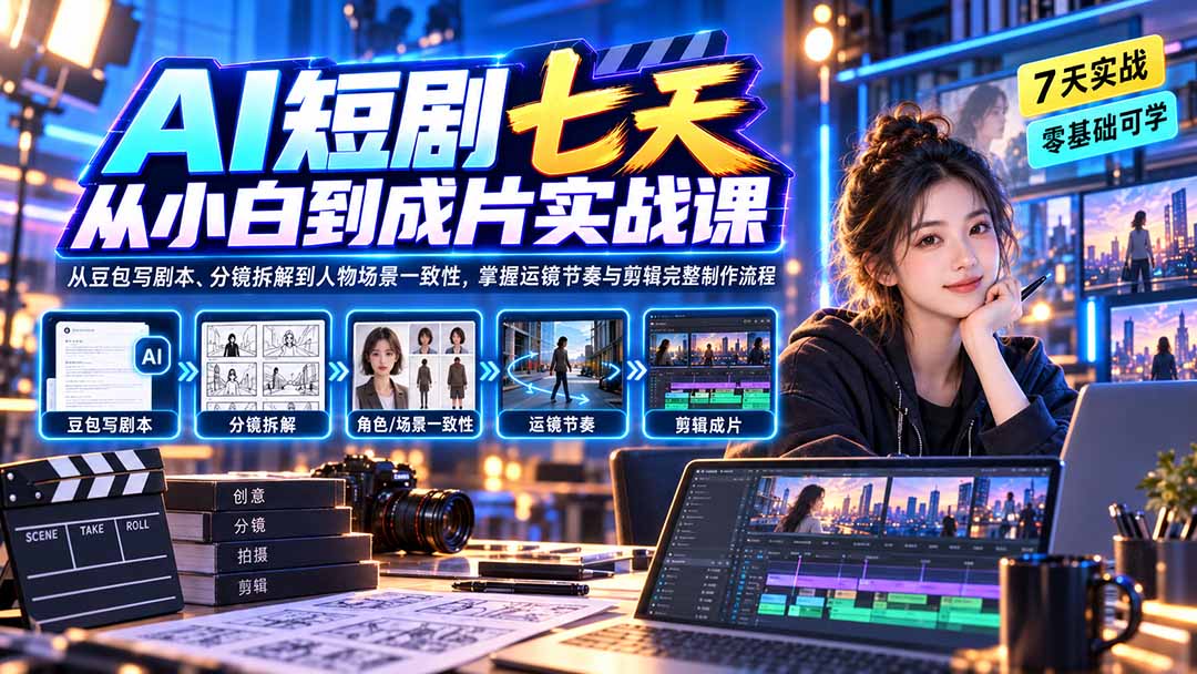 AI短剧七天从小白到成片实战课：从豆包写剧本、分镜拆解到人物场景一致性，掌握运镜节奏与剪辑完整制作流程-巅峰研习社