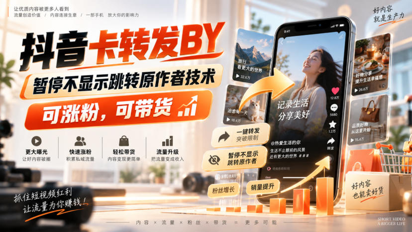 抖音卡转发搬运，暂停不显示跳转原作者技术，可涨粉，可带货-巅峰研习社