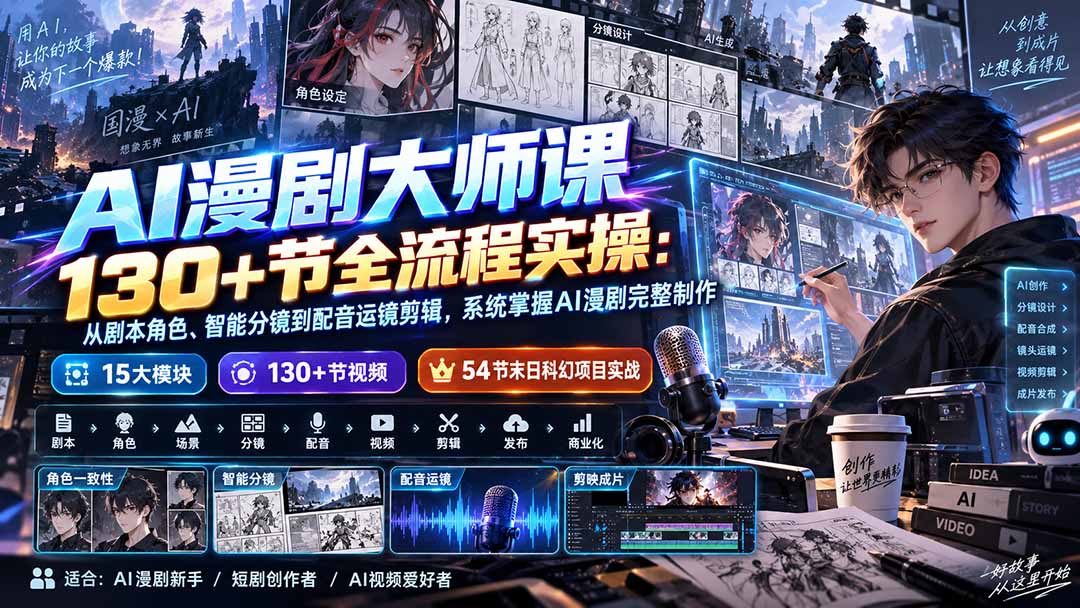 AI漫剧大师课130+节全流程实操：从剧本角色、智能分镜到配音运镜剪辑，系统掌握AI漫剧完整制作-巅峰研习社