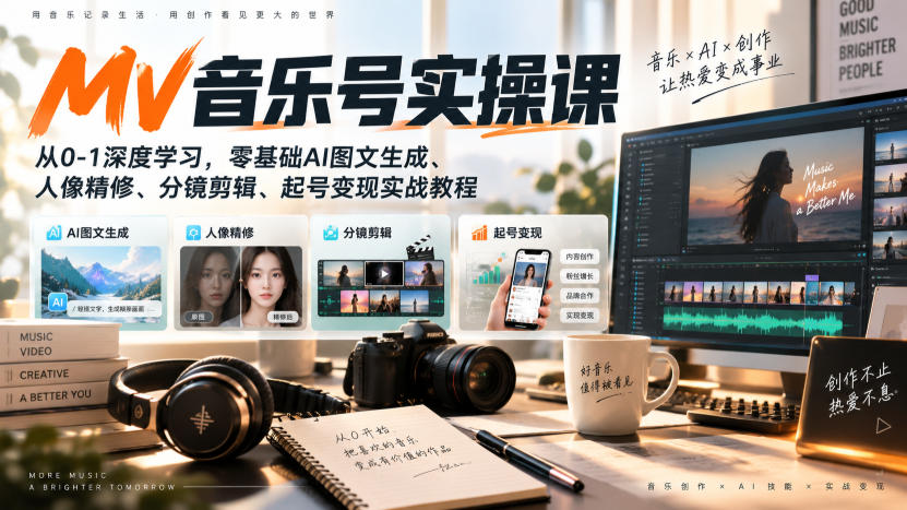 AI MV音乐号实操课,从0-1深度学习,零基础AI图文生成、人像精修、分镜剪辑、起号变现实战教程-巅峰研习社