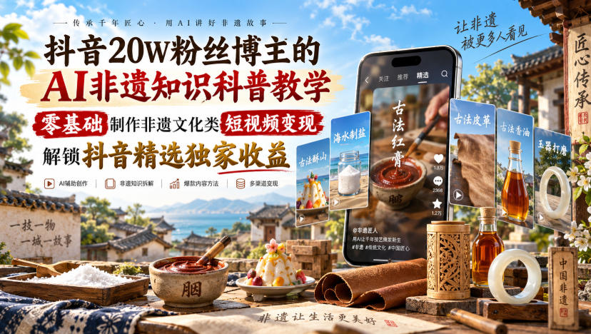 抖音20W粉丝博主的AI非遗知识科普教学，零基础制作非遗文化类短视频变现，解锁抖音精选独家收益-巅峰研习社