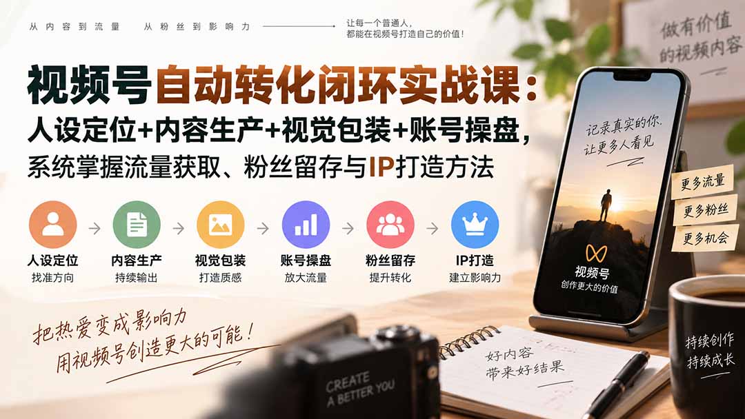 视频号自动转化闭环实战课：人设定位+内容生产+视觉包装+账号操盘，系统掌握流量获取、粉丝留存与IP打造方法-巅峰研习社