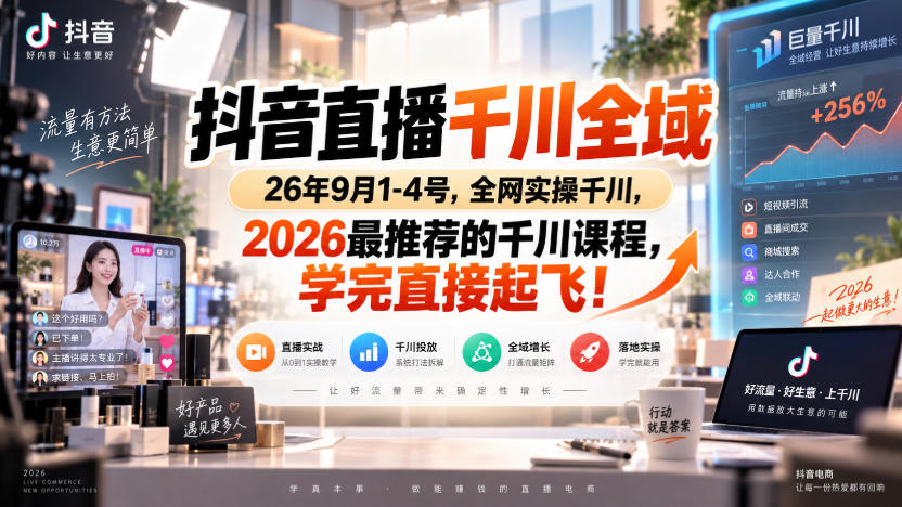 抖音直播千川全域26年9月1-4号，全网实操千川，2026最推荐的千川课程，学完直接起飞！-巅峰研习社