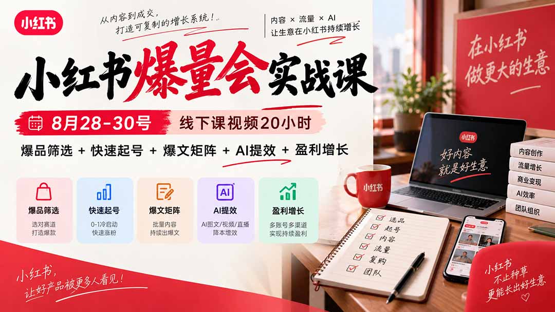 小红书爆量会实战课：8月28-30号线下课视频20小时，爆品筛选+快速起号+爆文矩阵+AI提效+盈利增长-巅峰研习社