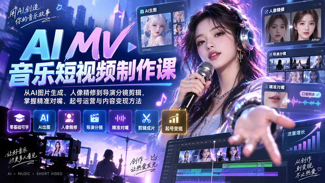 AI MV音乐短视频制作课：从AI图片生成、人像精修到导演分镜剪辑，掌握精准对嘴、起号运营与内容变现方法-巅峰研习社