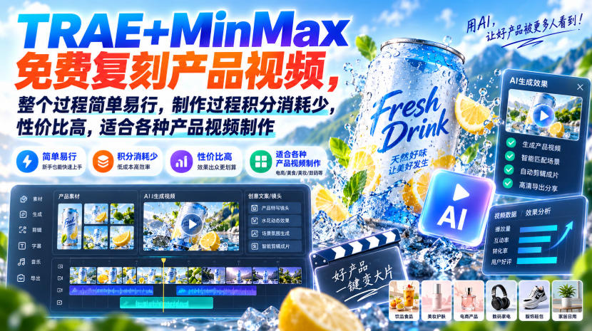 TRAE+MinMax免费复刻产品视频,整个过程简单易行,制作过程积分消耗少,性价比高,适合各种产品视频制作-巅峰研习社