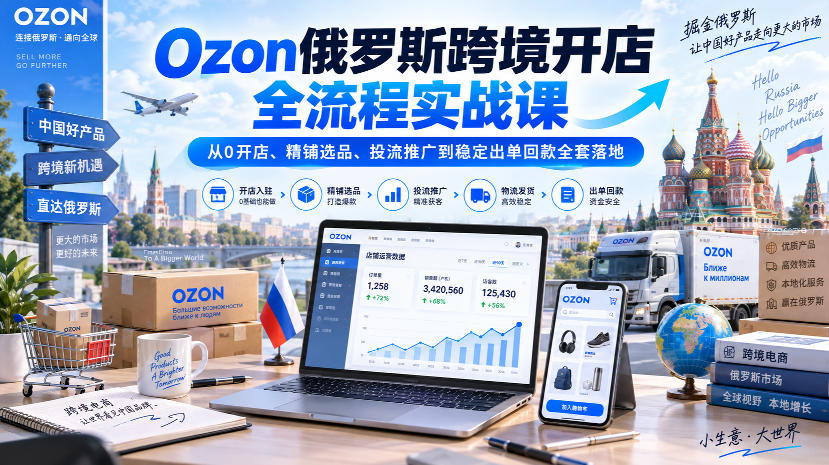 Ozon俄罗斯跨境开店全流程实战课｜从0开店、精铺选品、投流推广到稳定出单回款全套落地-巅峰研习社