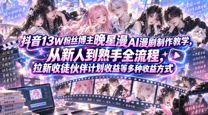 抖音13W粉丝博主晚星漫AI漫剧制作教学，从新人到熟手全流程，拉新收徒伙伴计划收益等多种收益方式，单日1K+-巅峰研习社