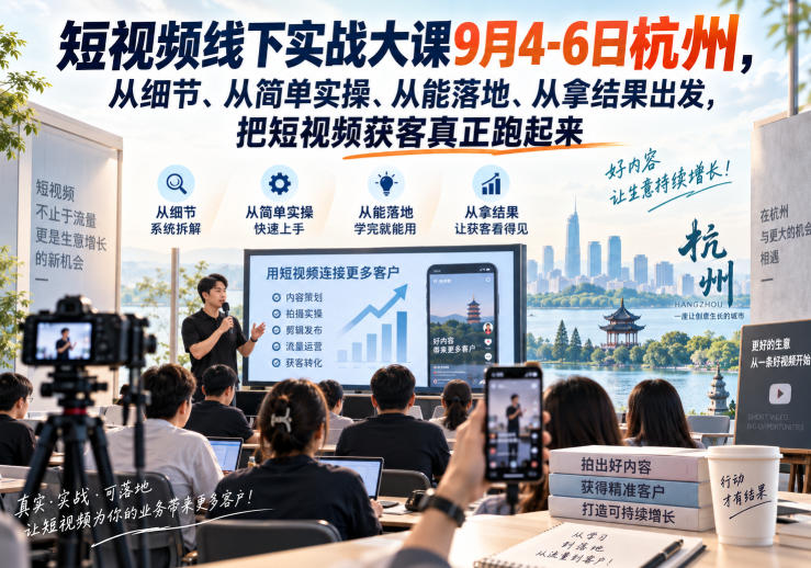 短视频线下实战大课9月4-6日杭州，从细节、从简单实操、从能落地、从拿结果出发，把短视频获客真正跑起来-巅峰研习社