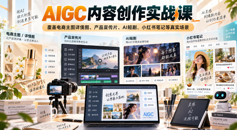 AIGC内容创作实战课，覆盖电商主图详情图、产品宣传片、AI短剧、小红书笔记等真实场景-巅峰研习社