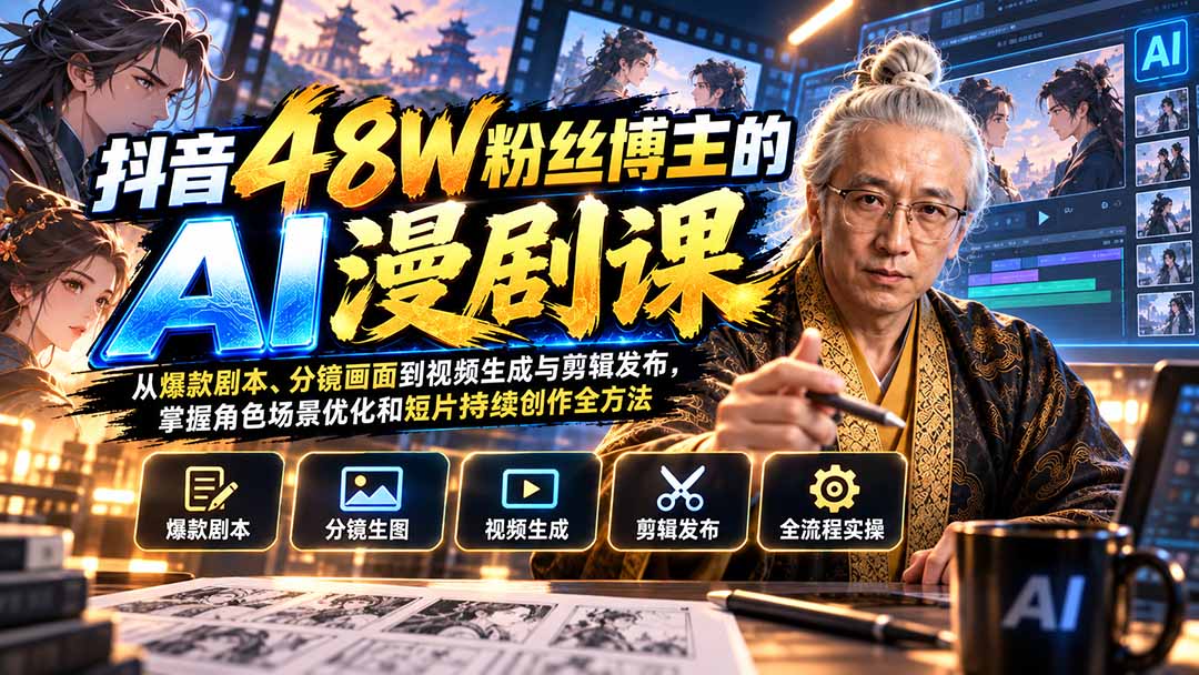 抖音48W粉丝博主的AI漫剧课：从爆款剧本、分镜画面到视频生成与剪辑发布，掌握角色场景优化和短片持续创作全方法-巅峰研习社