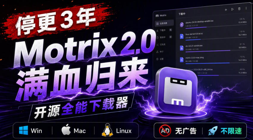 停更3年，Motrix 2.0满血归来：开源全能下载器，Win/Mac/Linux通吃，无广告不限速-巅峰研习社