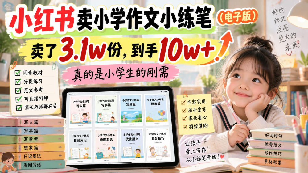 小红书卖小学作文小练笔(电子版)，卖了3.1w份，到手10w+，真的是小学生的刚需-巅峰研习社