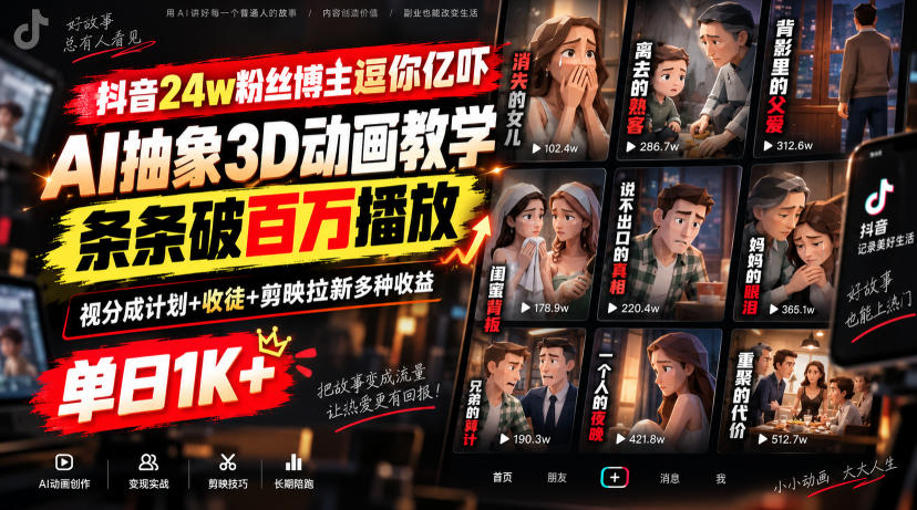 抖音24w粉丝博主逗你亿吓AI抽象3D动画教学，条条破百万播放，分成计划+收徒+剪映拉新多种收益，单日1K+-巅峰研习社