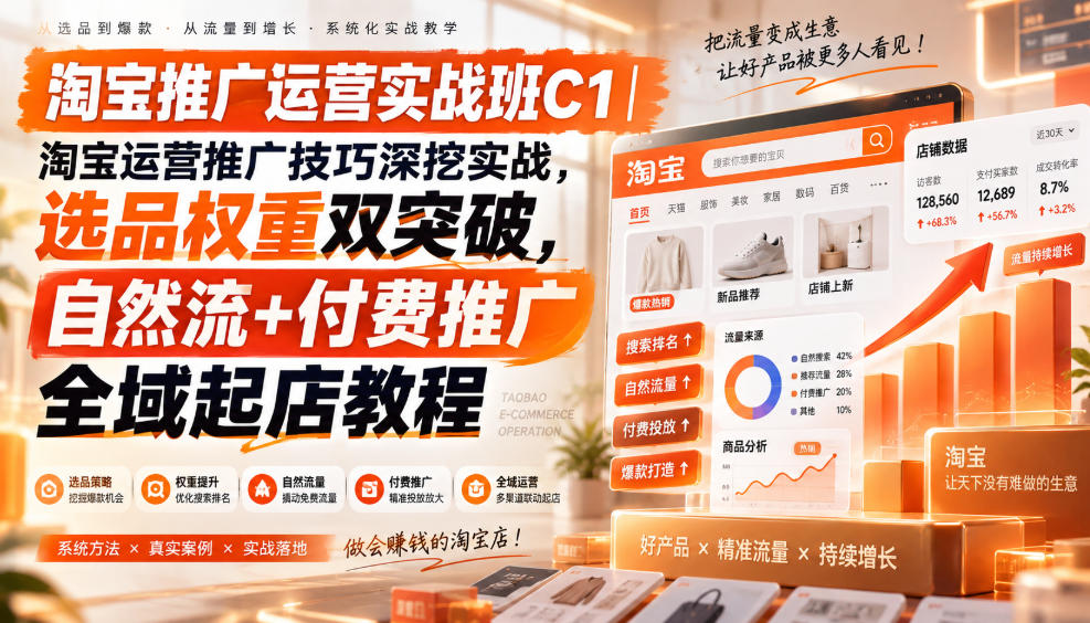 淘宝推广运营实战班C1|淘宝运营推广技巧深挖实战,选品权重双突破,自然流+付费推广全域起店教程-巅峰研习社