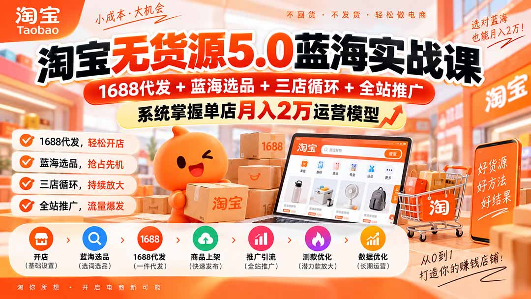 淘宝无货源5.0蓝海实战课-更新：1688代发+蓝海选品+三店循环+全站推广，系统掌握单店月入2万运营模型-巅峰研习社