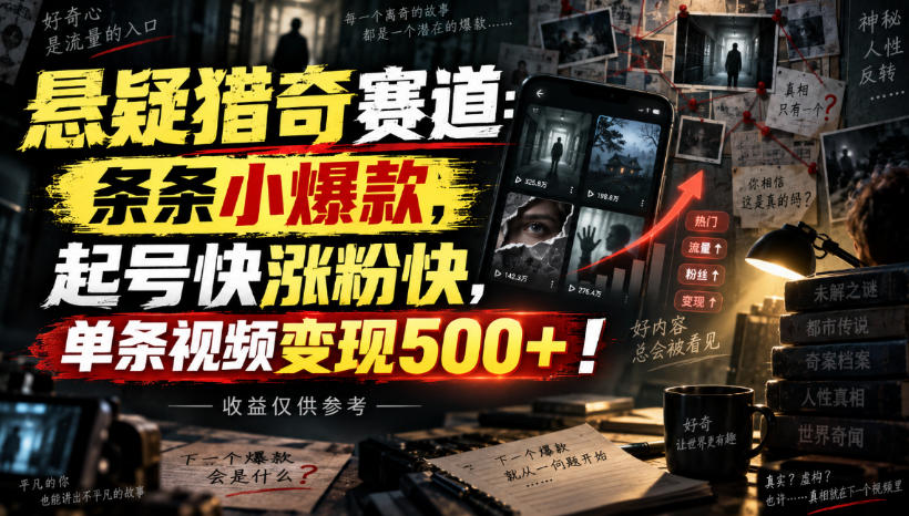 悬疑猎奇赛道：条条小爆款，起号快涨粉快，单条视频变现500+！收益仅供参考-巅峰研习社