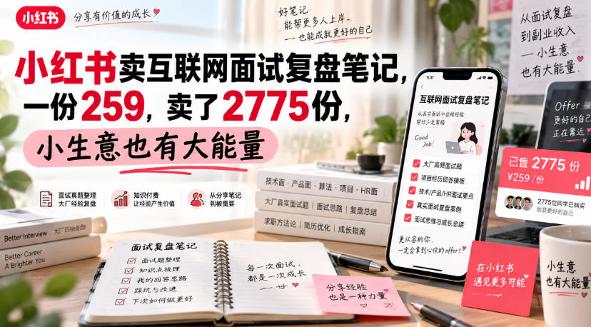 小红书卖互联网面试复盘笔记，一份259，卖了2775份，小生意也有大能量-巅峰研习社