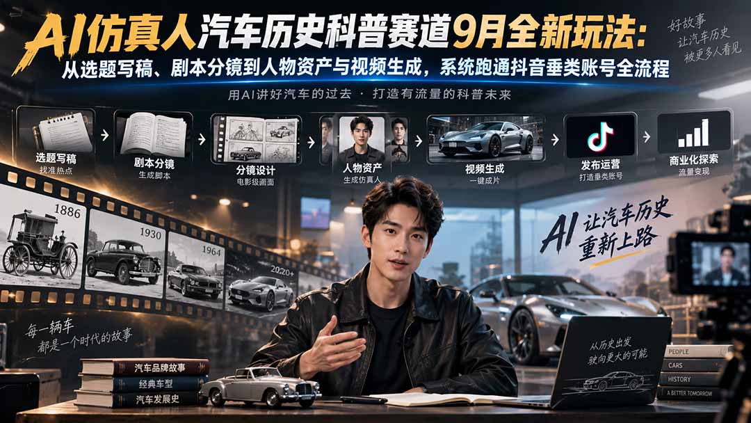 AI仿真人汽车历史科普赛道9月全新玩法：从选题写稿、剧本分镜到人物资产与视频生成，系统跑通抖音垂类账号全流程-巅峰研习社